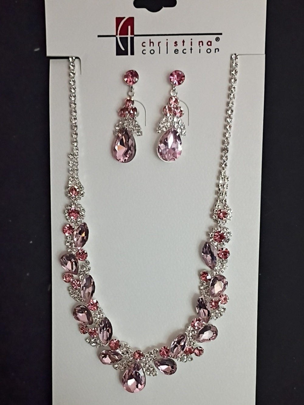 Pink Crystal Teardrop Necklace & Earrings Set